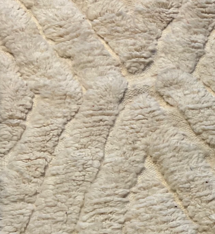 Detailfoto van de hoge pool en zachte textuur van het Beni Ouarain vloerkleed.