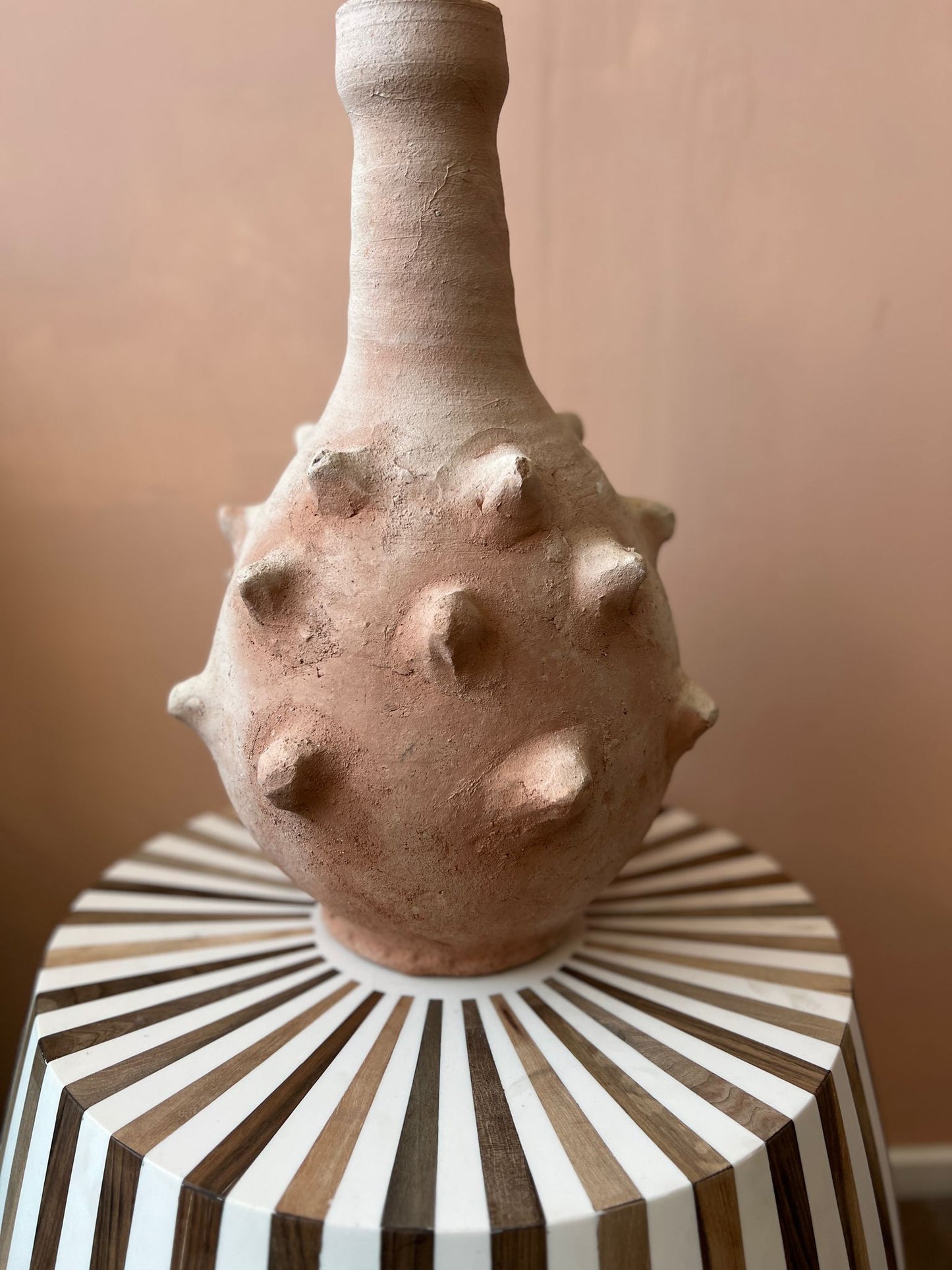 Volledige weergave van organisch gevormde vaas met speelse stekels, geplaatst op een walnootkleurige harsen tafel.