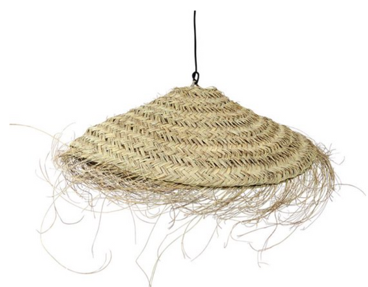 Handgemaakte zeegras hanglamp met speelse franjes, perfect voor een bohemian interieur